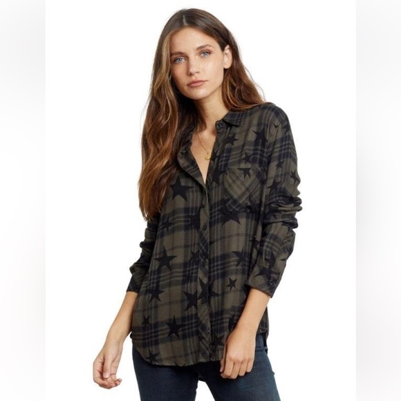 Rails Hunter Olive Jet Stars Plaid Button-Down Blouse - Green/Black - Picture 1 of 12